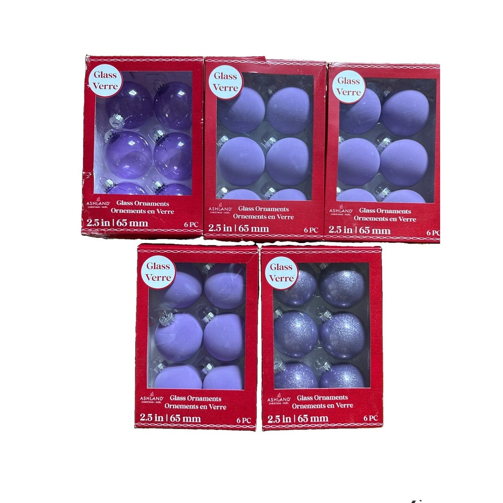 NEW 5 Boxes Ashland GLASS Christmas Ball Ornaments Translucent/Glitter Lilac